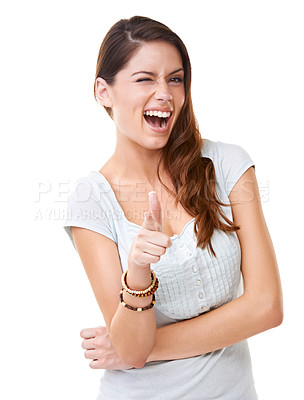 Buy stock photo A beautiful young woman winking and pointing at the camera