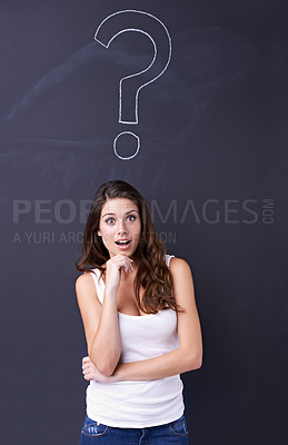 Buy stock photo Surprise, question mark and portrait of woman with idea, brainstorming and asking why by chalkboard. Questions, thinking and person with shock, emoji and symbol on black background for solution