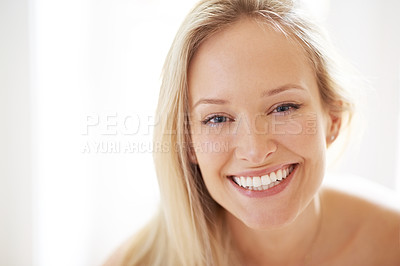 Buy stock photo Happy woman, dermatology and portrait for closeup in home for skincare, beauty and cosmetics. Person, hair and face with excitement for treatment of texture, anti aging or smile with vitamin c