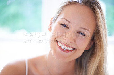 Buy stock photo Morning, closeup and portrait of woman in home, apartment or beauty in house. Happy, face and person smile with freedom to relax in living room with joy from skincare, dermatology or cosmetics