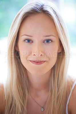 Buy stock photo Calm, portrait and woman closeup in morning, home and apartment window with beauty or skincare. Positive, mindset or face of person in house to relax in living room with smile, happiness or cosmetics