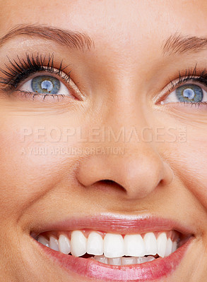 Buy stock photo Woman, eyes and closeup with smile, teeth and vision with iris. Zoom, joy and happiness of a natural female model for optometry, future and positive emotion and cosmetics with lash extensions