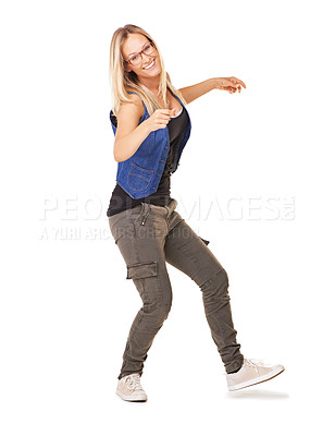 Buy stock photo Woman, studio portrait and dance with fashion, smile and glasses for happiness by white background with style. Confident model, isolated and dancer with trendy jeans, shoes and clothes with wellness
