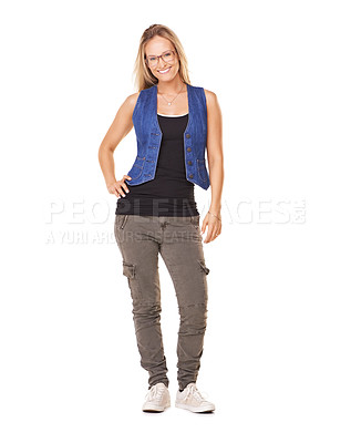 Buy stock photo Fashion, casual body portrait of woman with smile and glasses isolated on white background with happiness. Beauty, fun and happy woman model in weekend streetwear with urban style standing in studio.