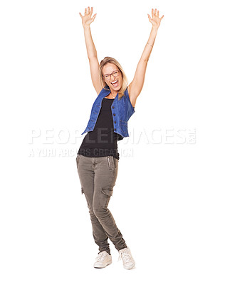Buy stock photo Winner, wow and a woman arms raised in celebration in studio on a white background for success or achievement. Freedom, goal and target with a young female celebrating reaching goals or glory
