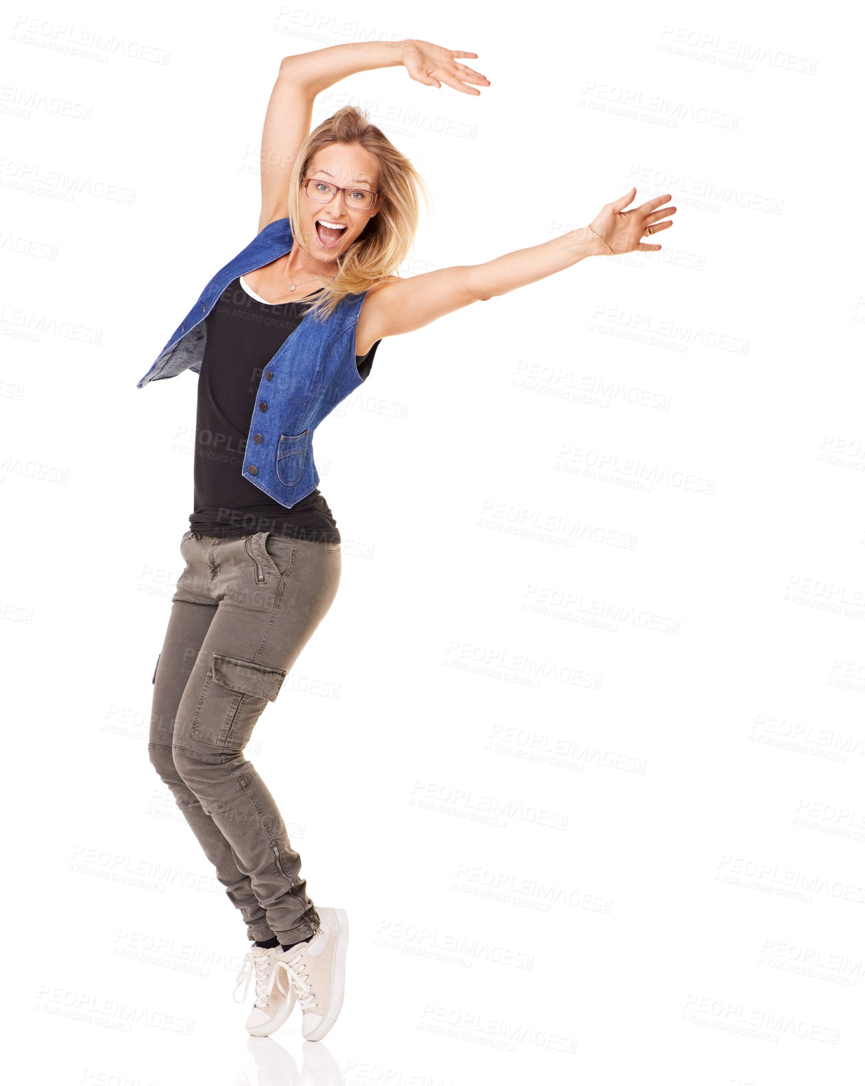 Buy stock photo Portrait, dance and mockup with a woman excited in studio on a white background to promote advertising space. Marketing, mock up and product placement with a young female dancing for fun and success