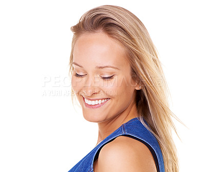 Buy stock photo Face, beauty and mockup with a model woman in studio isolated on a white background for natural skincare. Hair, dental and product placement with a female posing to promote oral hygiene or haircare 