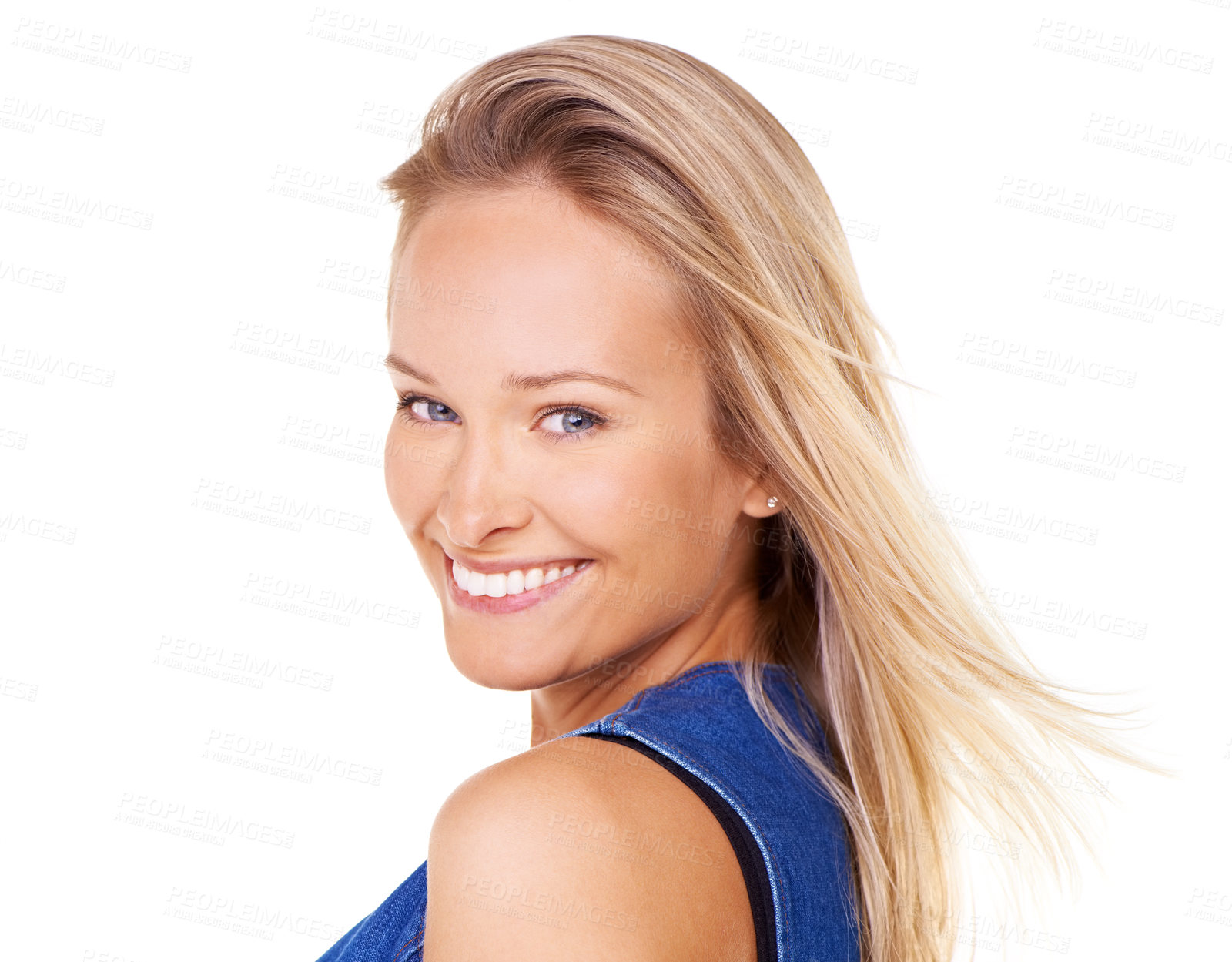 Buy stock photo Portrait, face and skincare with a model woman in studio on a white background showing her perfect smile. Hair, dental and oral hygiene with an attractive young female posing to promote skin care