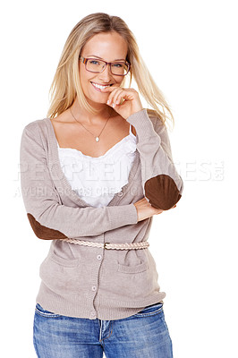 Buy stock photo Optometry, fashion and portrait of a woman with glasses for vision, content smile and confidence. Happy, stylish and fashionable model with style, casual pose and femininity on a  white background