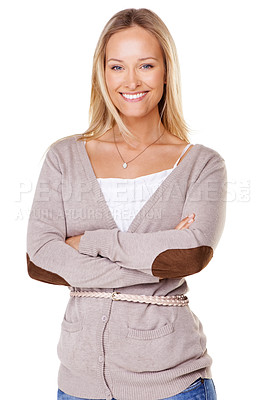 Buy stock photo Beauty, fashion and smile with portrait of woman with arms crossed for style, luxury or happiness. Natural, lifestyle and confident with model for feminine, smile and happy in white background studio