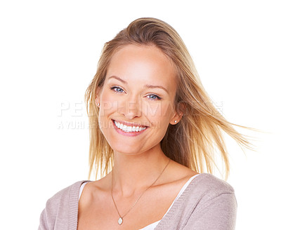 Buy stock photo Beauty, fashion and smile with portrait of woman for style, luxury or happiness. Natural, lifestyle and confident with face of model for feminine, smile and happy in white background studio