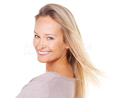 Buy stock photo Beauty, hair care and portrait of woman with smile on face, blonde hair and happiness isolated on white background. Health, luxury skincare and wellness, happy beautiful girl with salon hairstyle.