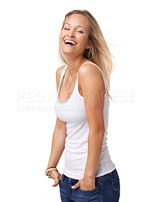 Buy stock photo Portrait, fashion and a woman laughing in studio isolated on a white background with a carefree or cheerful smile. Happy, funny or joke with an attractive young female enjoying a laugh on blank space