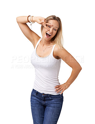 Buy stock photo Fashion, casual and portrait of a fun woman in a studio with a young, natural and cool outfit. Happy, smile and female model with a peace sign for a silly expression isolated by a white background.