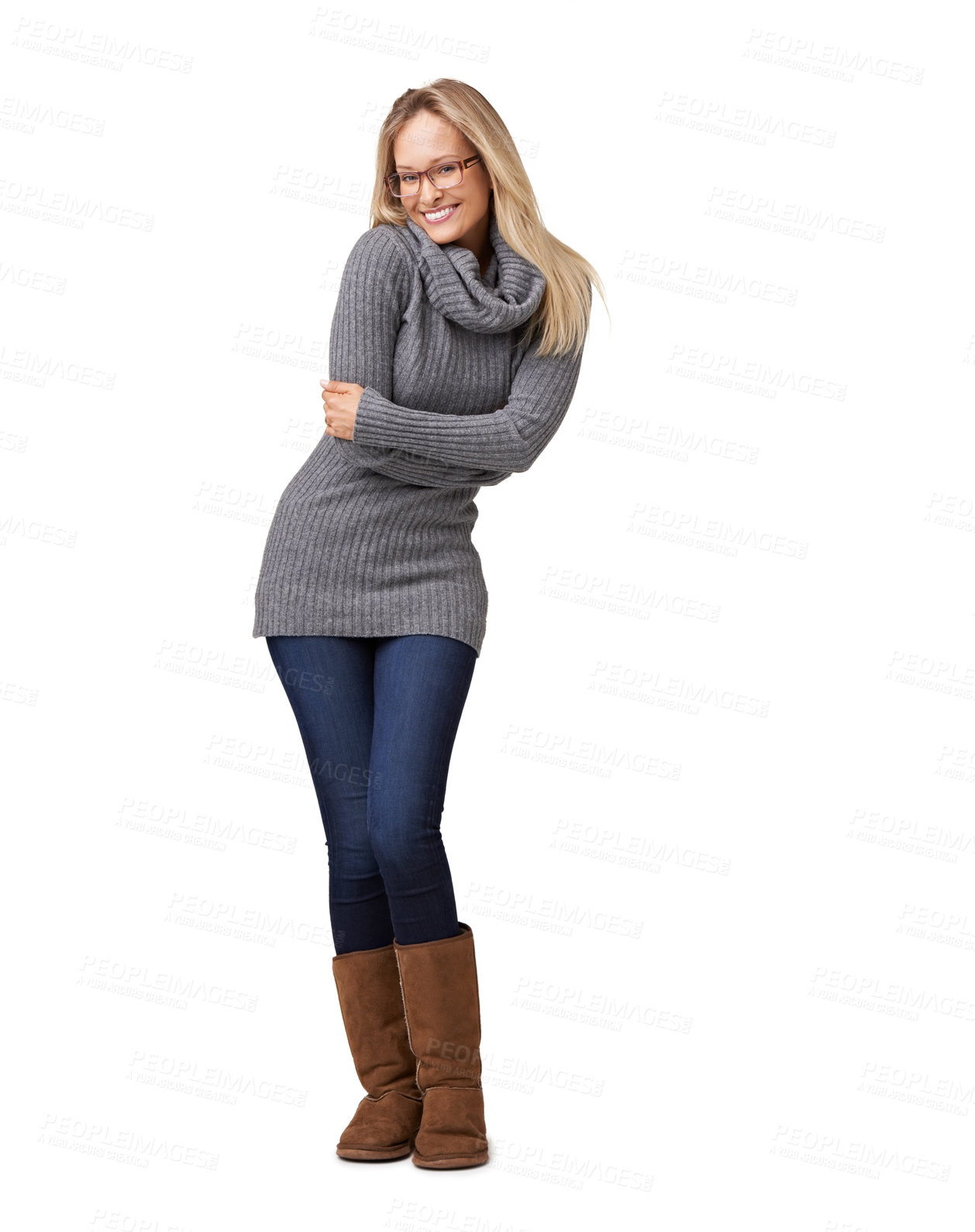 Buy stock photo Fashion, cozy and portrait of a woman with winter clothing, feminine style and comfy. Stylish, classy and full body happy clothes model with a comfortable outfit on a white background in studio