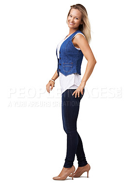 Buy stock photo Portrait, fashion and mockup with a model woman in studio isolated on a white background to promote style. Marketing, advertising and branding with an attractive young female on blank mock up space
