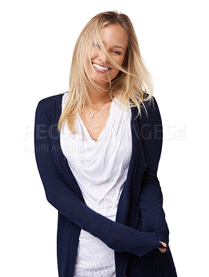 Buy stock photo Happy, woman and portrait of a model with natural beauty and smile by isolated white background. Happiness, excited and studio of a person feeling excited, positive and fun laughing in a studio