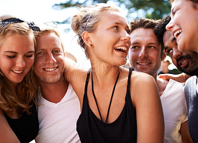 Buy stock photo Festival friends, nature smile and people bond, friendship and happy summer conversation, discussion or communication. Community, freedom or group together at social event, outdoor concert or reunion