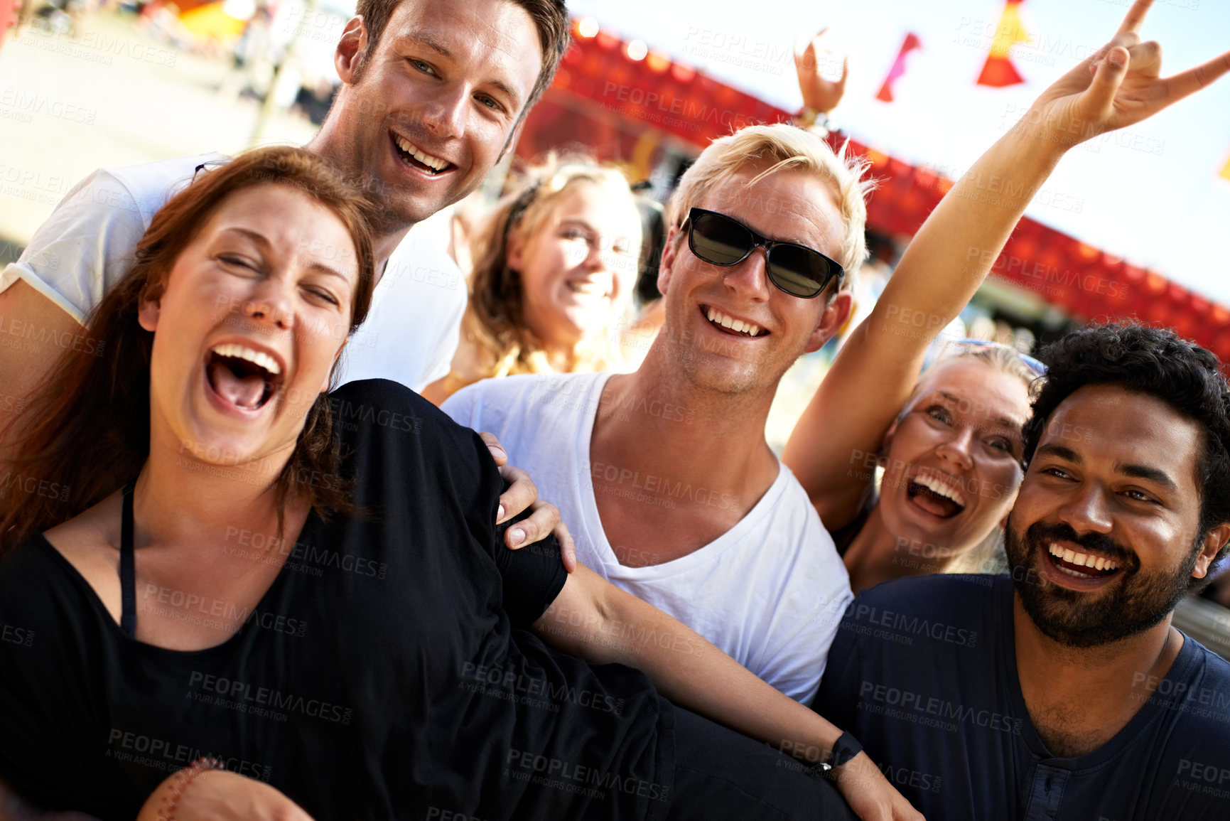 Buy stock photo Cropped shot of friends at the Skanderborg festival