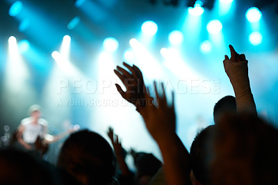 Buy stock photo Crowd silhouette, music artist and concert audience listen to song, stage performance or celebrity rock star. Night event hands, rave festival show or excited group, fans or crazy cheers for musician