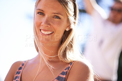 Buy stock photo Portrait of an beautiful young woman in an outdoor environment
