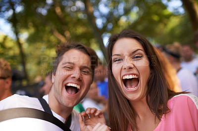 Buy stock photo Two friends screaming at the camera, having fun