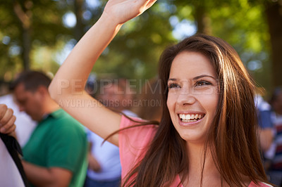 Buy stock photo Dance, party and music festival with woman in crowd for celebration, smile and energy. Dancer, new years concert and rock event with happy person in countryside for social, rave club and summer disco