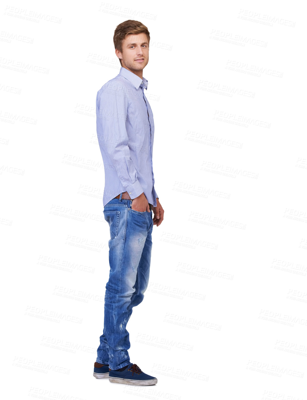Buy stock photo Fashion, handsome and portrait of man in studio with casual, classy and trendy outfit. Smile, happy and full body of attractive young male model with cool and edgy style isolated by white background.