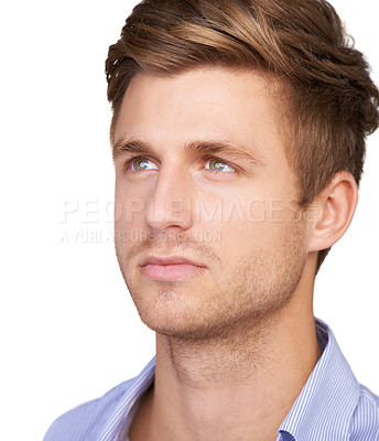 Buy stock photo Businessman, face or thinking by white background in studio for small business vision, ideas or inspiration. Closeup, serious or male startup consultant on backdrop in planning future growth solution