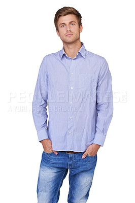 Buy stock photo Fashion, serious and portrait of man in studio with casual, classy and trendy outfit for confidence. Handsome, pride and attractive young model with cool and edgy style isolated by white background.