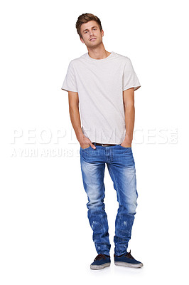 Buy stock photo Fashion, portrait and young man in a studio with casual, stylish and trendy outfit for confidence. Handsome, cool and full body of male model with tshirt and jeans style isolated by white background.