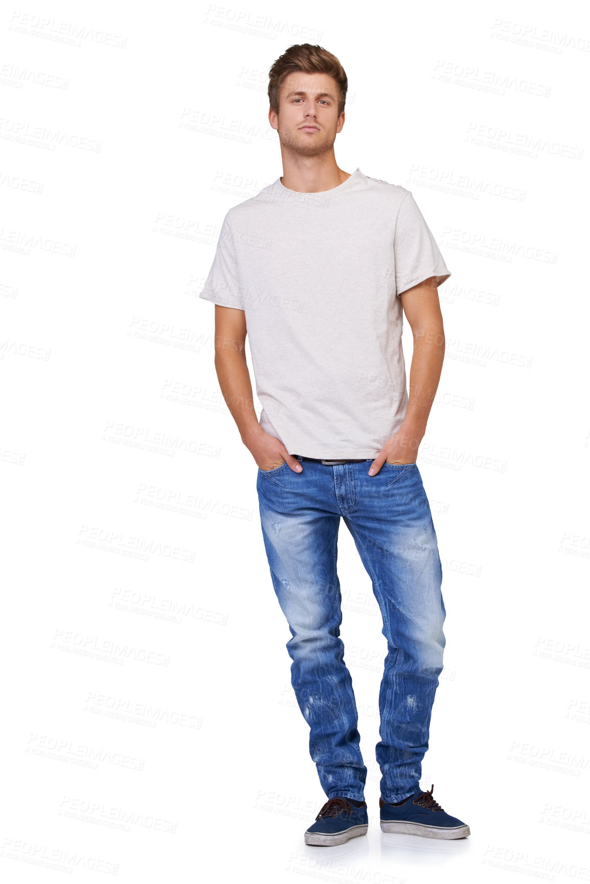 Buy stock photo Style, portrait and young man in a studio with casual, stylish and trendy outfit for confidence. Handsome, cool and full body of male model with tshirt and jeans fashion isolated by white background.