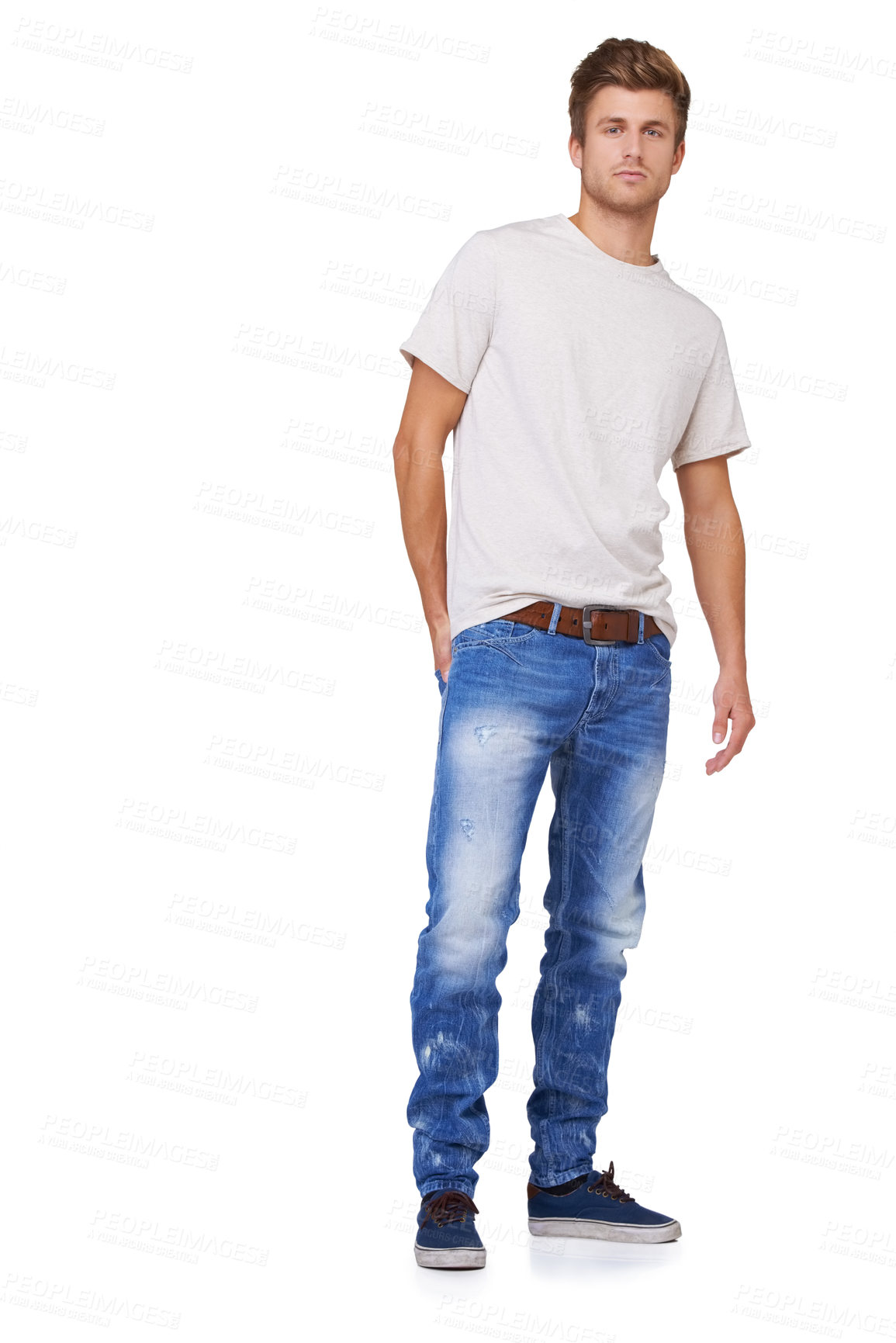 Buy stock photo Fashion, serious and portrait of man in studio with casual, stylish and trendy outfit for confidence. Handsome, full body and young male model from Canada with cool style isolated by white background