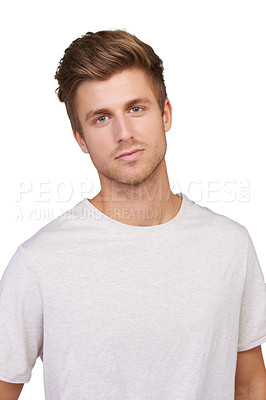 Buy stock photo Portrait, attitude and man in studio with confidence, edgy or cool personality on white background. Face, pose and handsome male model with positive mindset, chilling or relaxed with casual fashion
