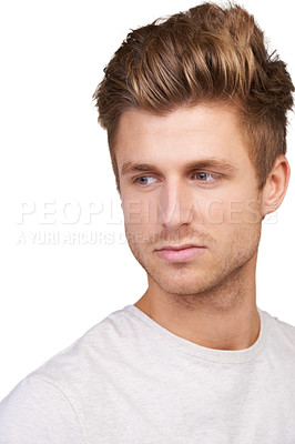 Buy stock photo Thinking, face and man in studio for brainstorming, solution or answers on white background. Headshot, daydreaming and male model distracted by questions, why or problem solving, plan or ponder