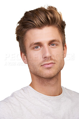 Buy stock photo Man, portrait and confidence in studio with attitude, edgy or cool personality on white background. Face, pose and handsome male model with positive mindset, chilling or relaxed with casual fashion