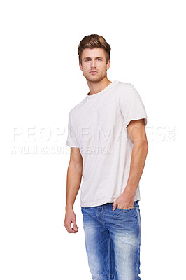 Buy stock photo Portrait of a handsome young man standing with his hand in his pocket