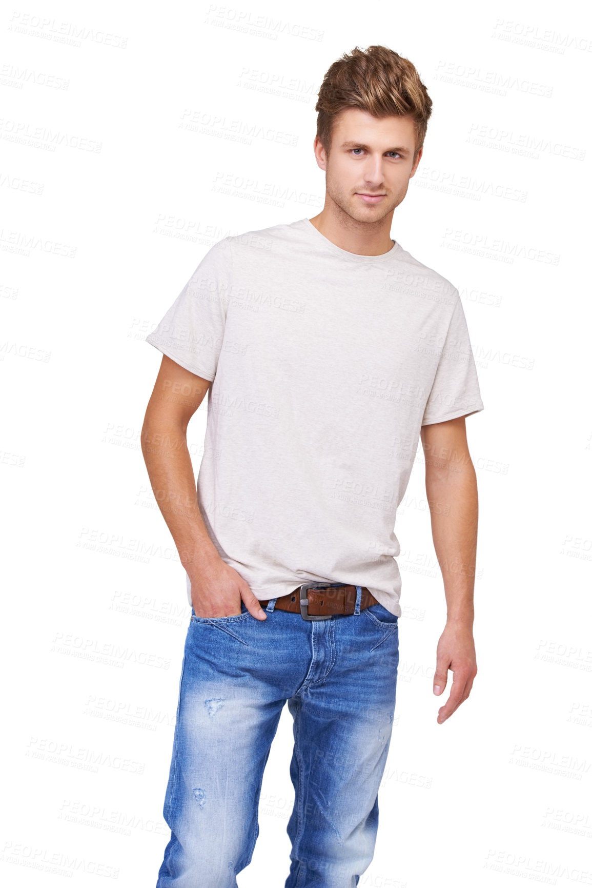 Buy stock photo Fashion, portrait and young man in a studio with casual, stylish and trendy outfit for confidence. Handsome, cool and full body of male model with tshirt and jeans style isolated by white background.