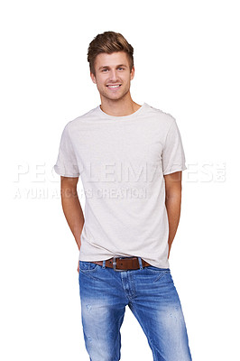 Buy stock photo Style, portrait and young man in a studio with casual, stylish and trendy outfit for confidence. Handsome, cool and full body of male model with tshirt and jeans fashion isolated by white background.
