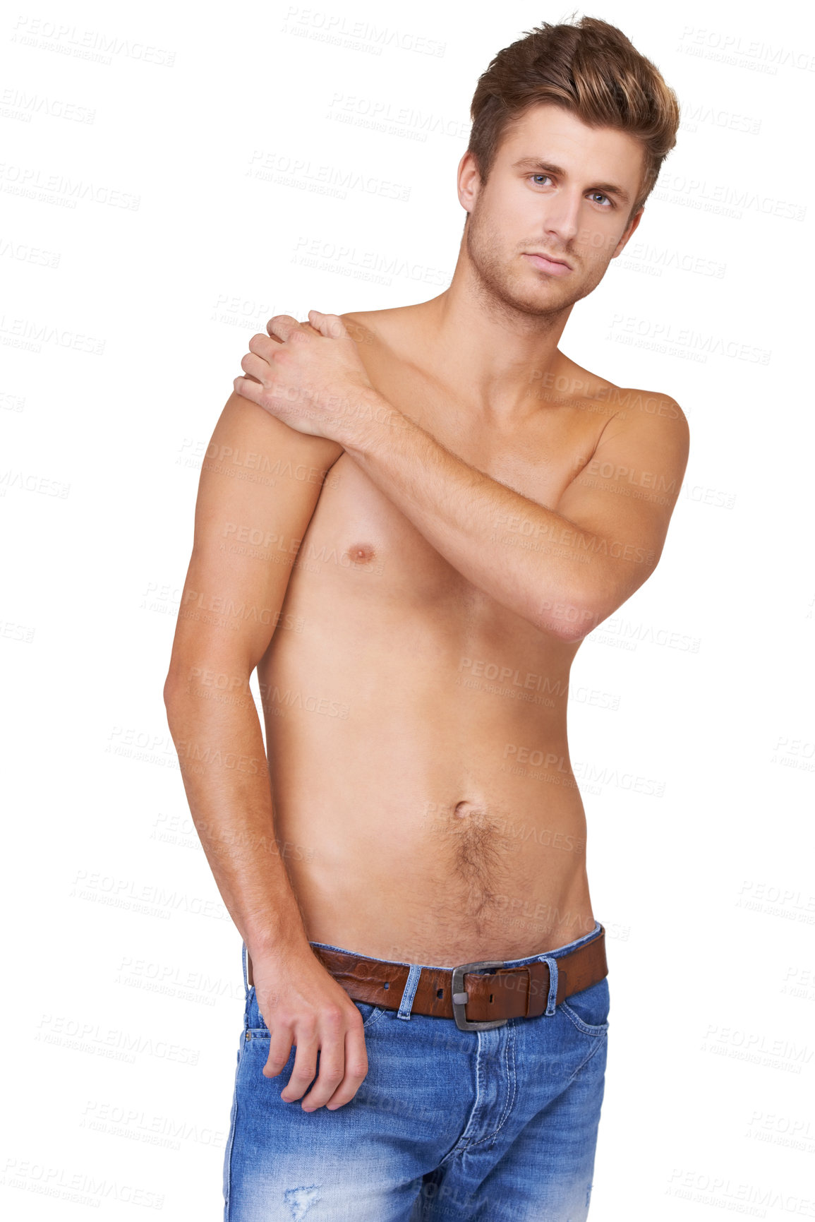 Buy stock photo Man, portrait and serious in studio with topless, jeans and confident for wellness, health and calm expression. Person, face and shirtless with hands or assertive on mock up space or white background