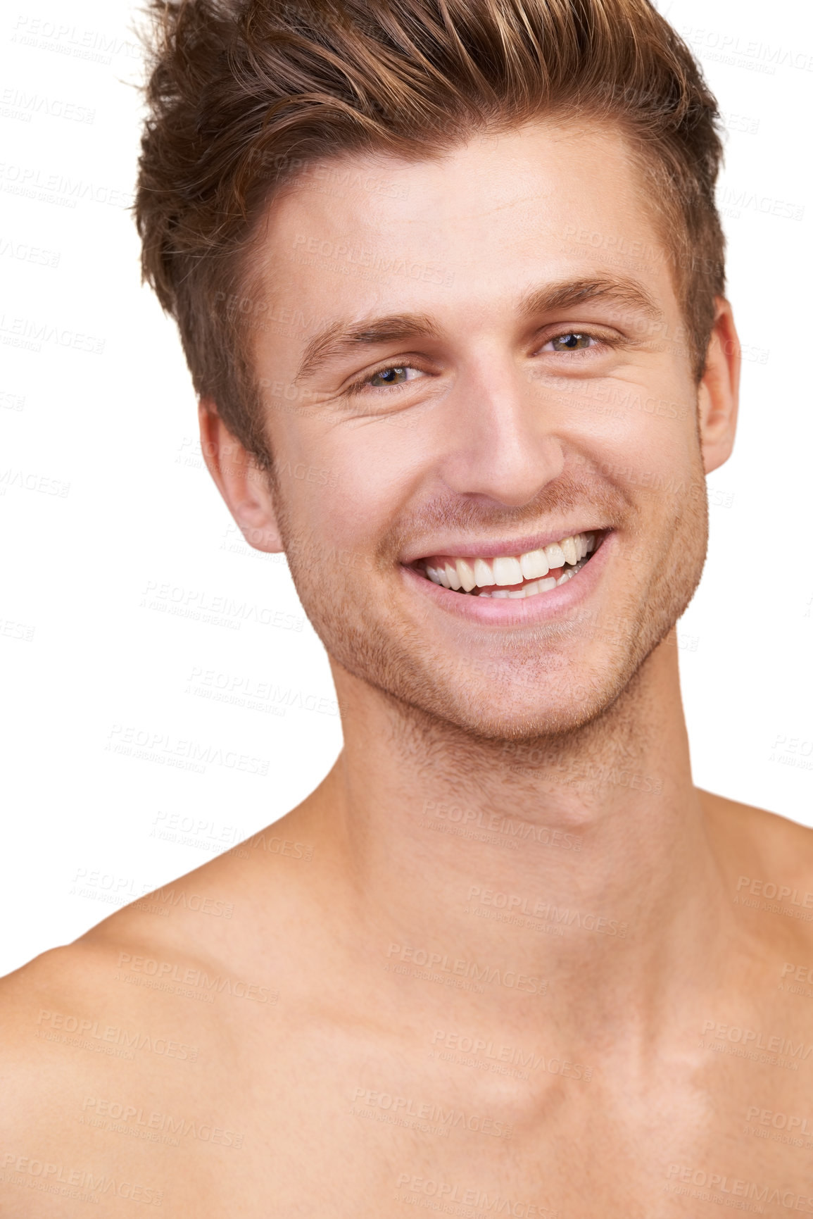 Buy stock photo Skincare, man and portrait with smile in studio for facial, treatment and wellness aesthetic in morning. Grooming, face and person with haircare routine, cosmetic and hygiene on white background