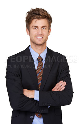 Buy stock photo Portrait, arms crossed and happy business man in studio confident or positive mindset on white background. Corporate, fashion and face of professional male entrepreneur with trendy, style or suit