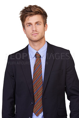 Buy stock photo Fashion, portrait and business man in studio with confident, attitude or positive employee on white background. Corporate, clothes and face of professional male entrepreneur with trendy or style suit