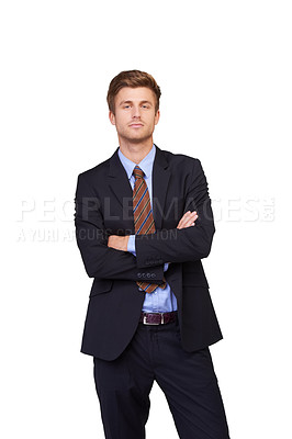 Buy stock photo Studio portrait, arms crossed and serious man, business lawyer and confident in legal service vocation, advisory or career job. Attorney, assertive agent and government consultant on white background
