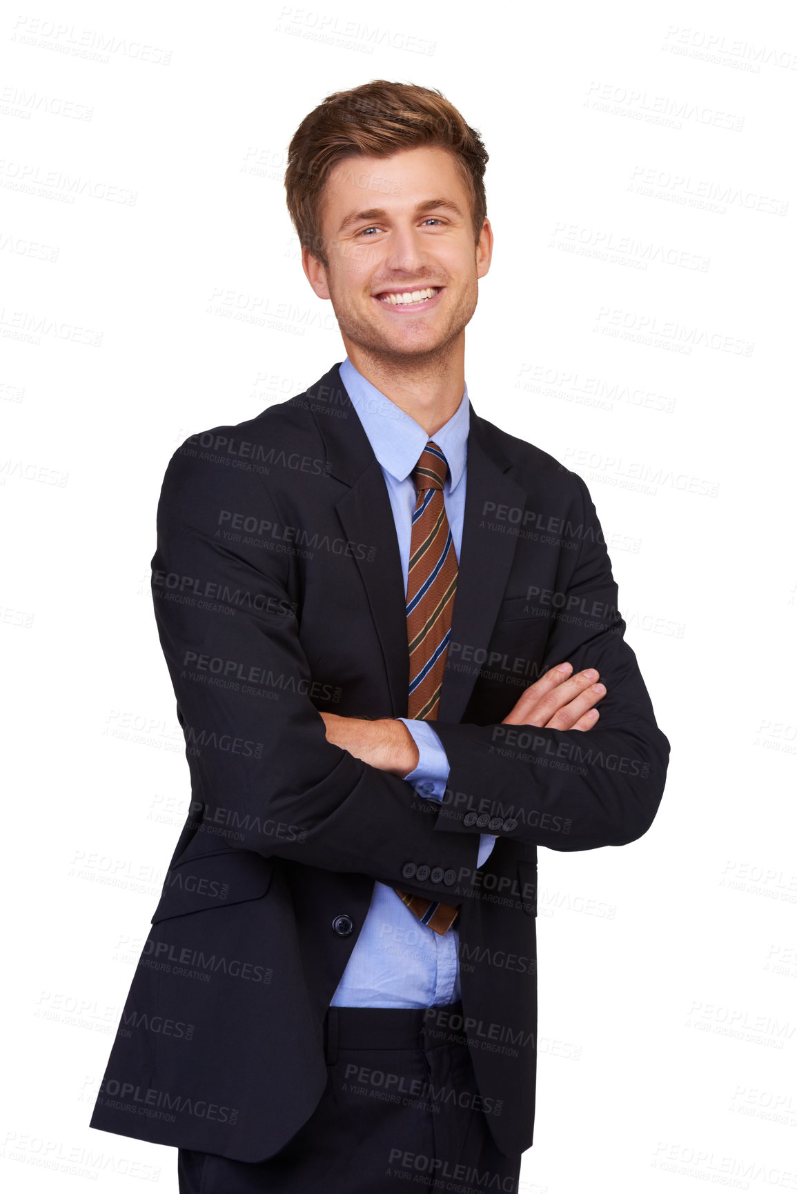 Buy stock photo Portrait of a happy young business executive standing with his arms folded