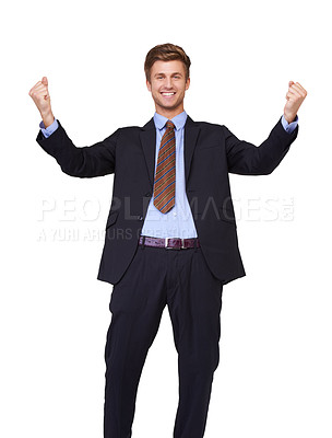 Buy stock photo Portrait, success and business man with winning fist in studio for startup, loan or approval on white background. Happy, face and excited entrepreneur with bonus, promotion or feedback celebration