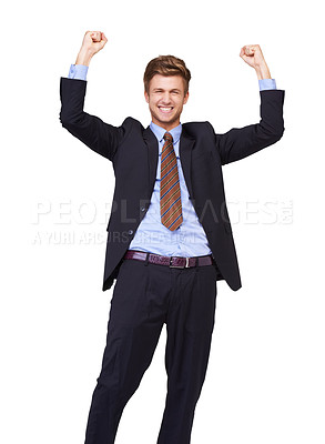 Buy stock photo Business man, winner and portrait in studio for success, achievement or winning of bonus, sales or profit. Excited corporate worker with fist, yes and celebration or opportunity on a white background