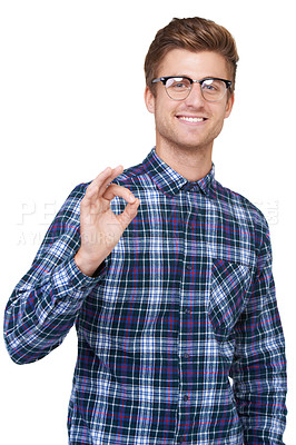 Buy stock photo Portrait of handsome young hipster gesturing that it's 