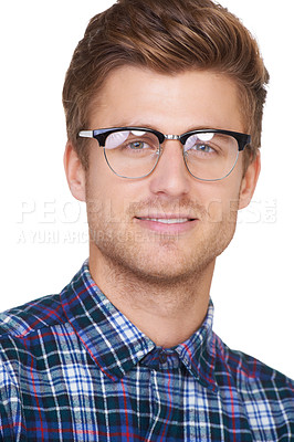 Buy stock photo Man, portrait and smile in studio with vision or glasses for marketing or advertising designer eyewear. Person, face or optometry with eye care or prescription eyeglasses on white background or happy