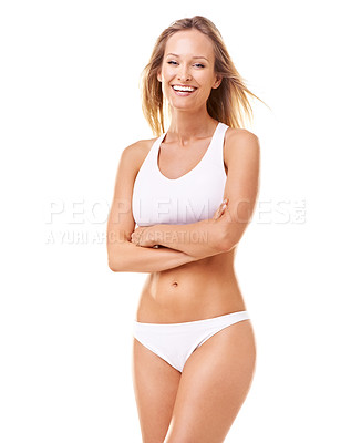 Buy stock photo Wellness, crossed arms and portrait of woman in underwear for health, skincare and diet in studio. Body, happy and isolated person in bikini for fitness, lose weight and beauty on white background